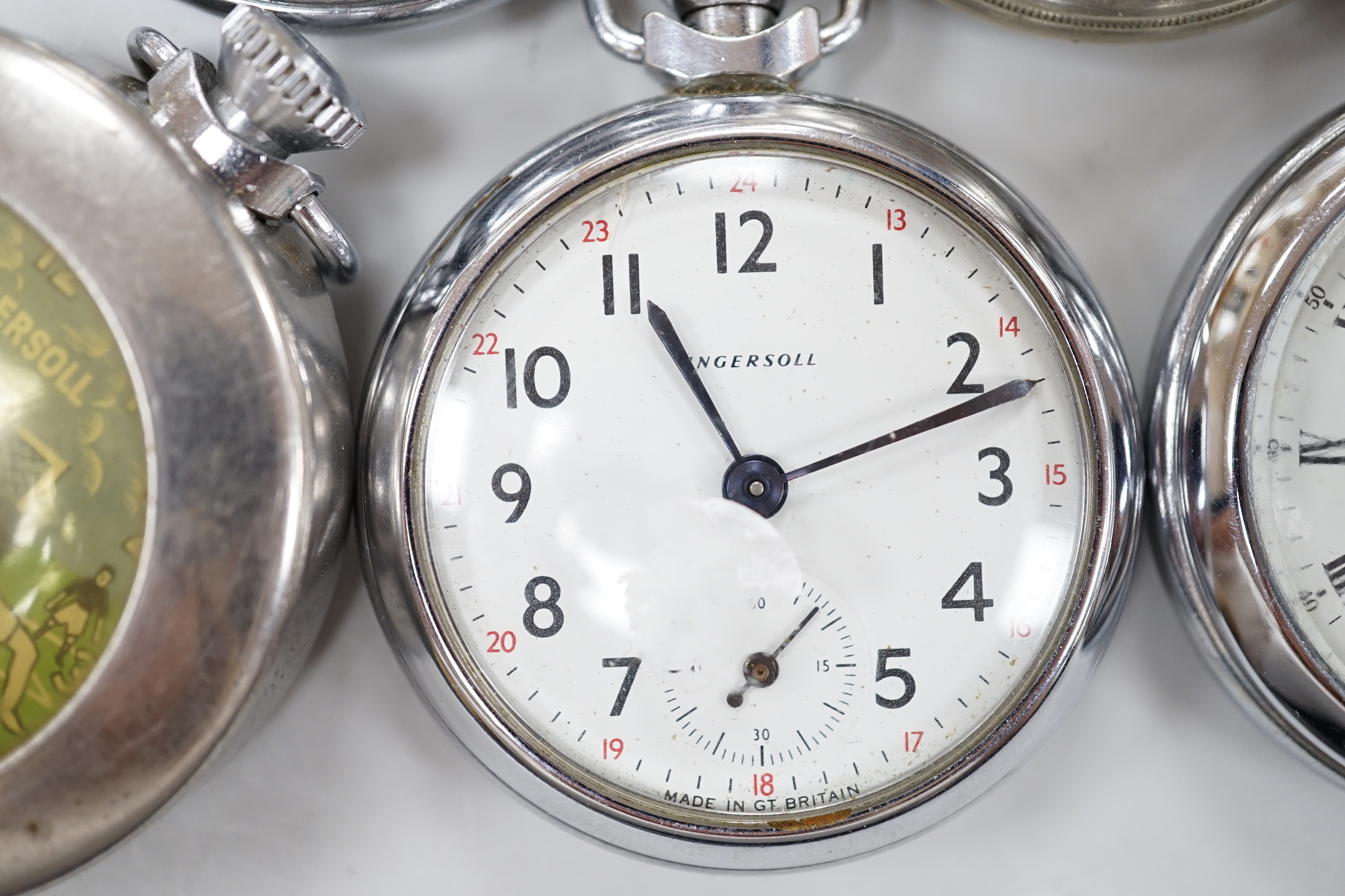 Ten assorted base metal pocket watches including Ingersoll football related, Smiths and Smiths Empire etc.